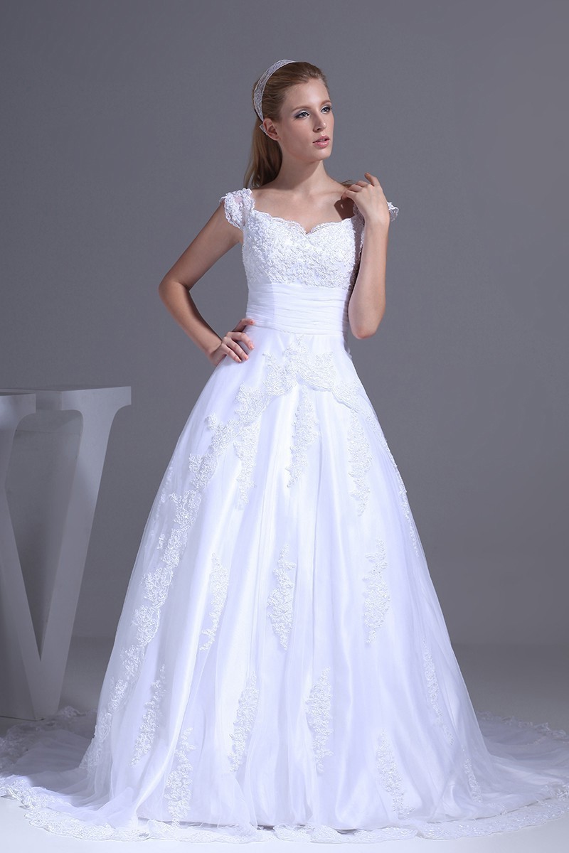 Modest A Line Sweetheart Cap Sleeve Corset White Lace Wedding Dress Bridal Gown