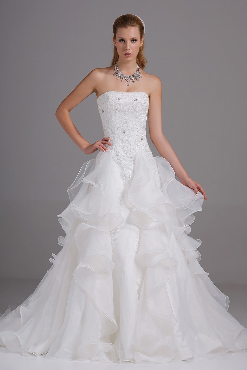 Beautiful A Line Strapless Corset Beaded Lace Ruffled Organza Wedding Dress Bridal Gown