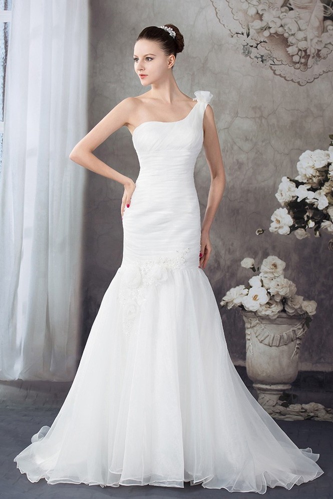 Beautiful Mermaid One Shoulder Beaded Appliques Pleated Organza Wedding Dress Bridal Gown