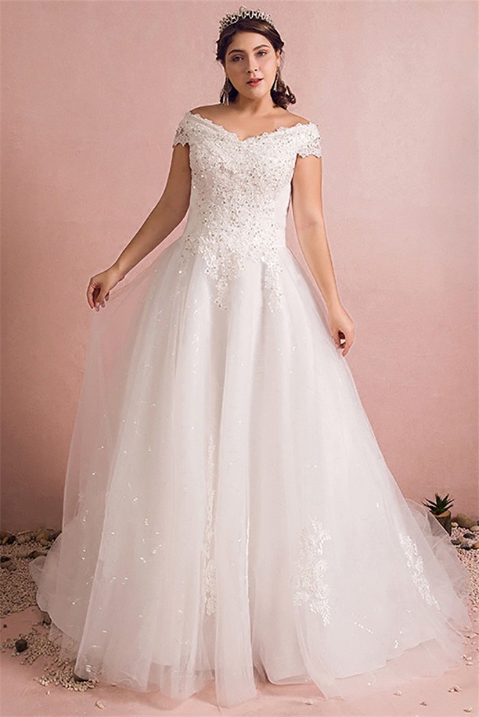 A Line Off The Shoulder Corset Back Tulle Lace Beaded Plus Size Wedding Dress