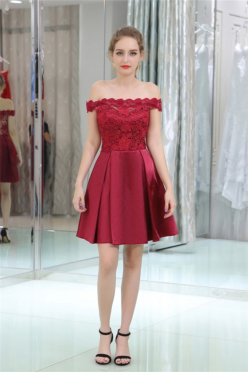A Line Off The Shoulder Short Burgundy Satin Lace Party Prom Dress
