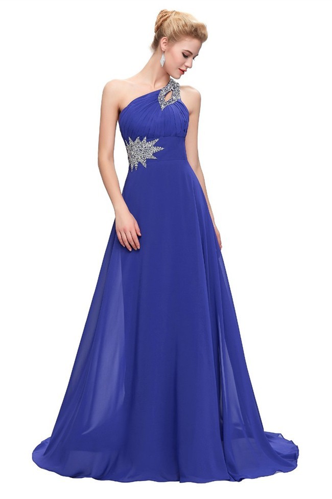 A Line One Shoulder Royal Blue Chiffon Beaded Prom Dress Lace Up Back