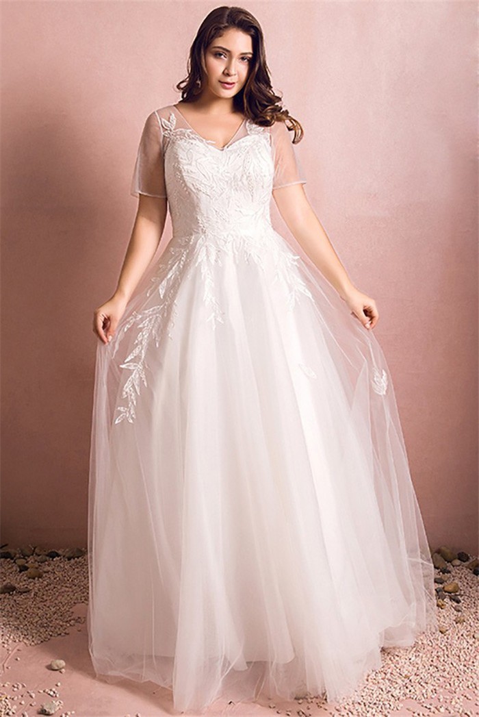 A Line V Neck Short Sleeve Corset Tulle Lace Plus Size Wedding Dress Without Train