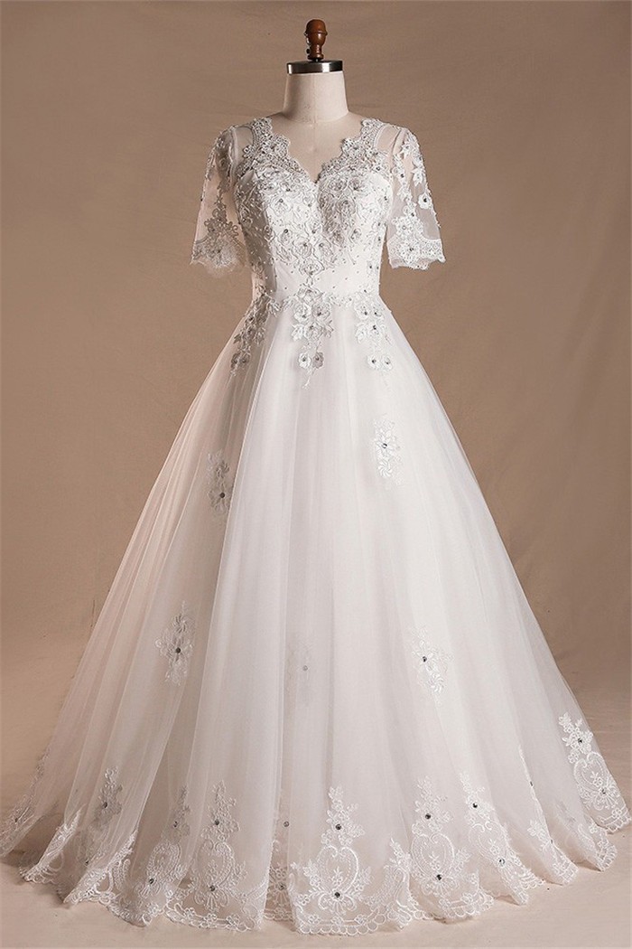 A Line V Neck Short Sleeve Tulle Lace Beaded Wedding Dress Keyhole Corset Back