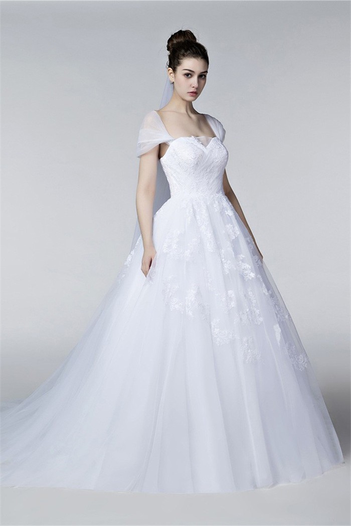 Ball Gown Cap Sleeve Lace Tulle Puffy Wedding Dress Chapel Train