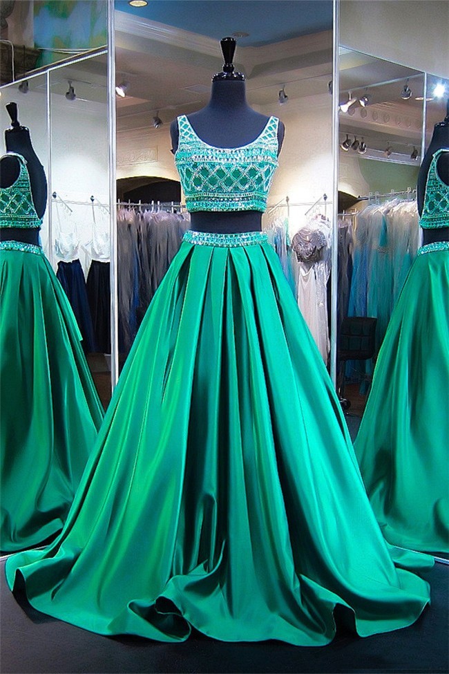 Ball Gown Scoop Neck Two Piece Emerald Green Satin Beaded Prom Dress