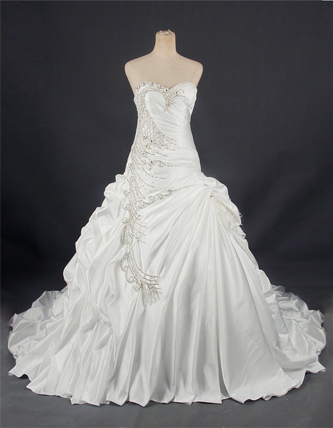 Ball Gown Sweetheart Corset Back Draped Satin Wedding Dress With Crystals Beading