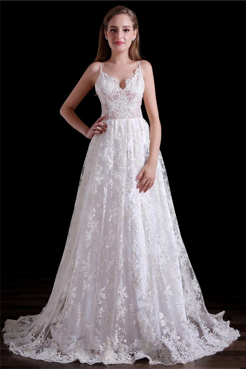 Elegant A Line Sweetheart Low Back Spaghetti Straps Lace Wedding Dress