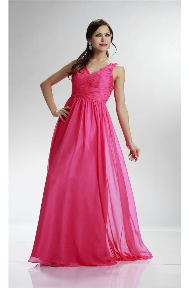 Elegant V Neck Long Hot Pink Chiffon Ruched Bridesmaid Prom Dress 8868