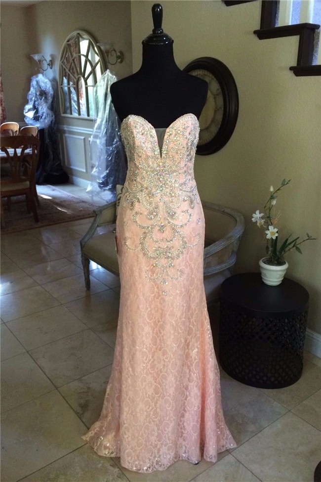 Gorgeous Sheath Sweetheart Long Blush Pink Lace Beaded Prom Dress 5658