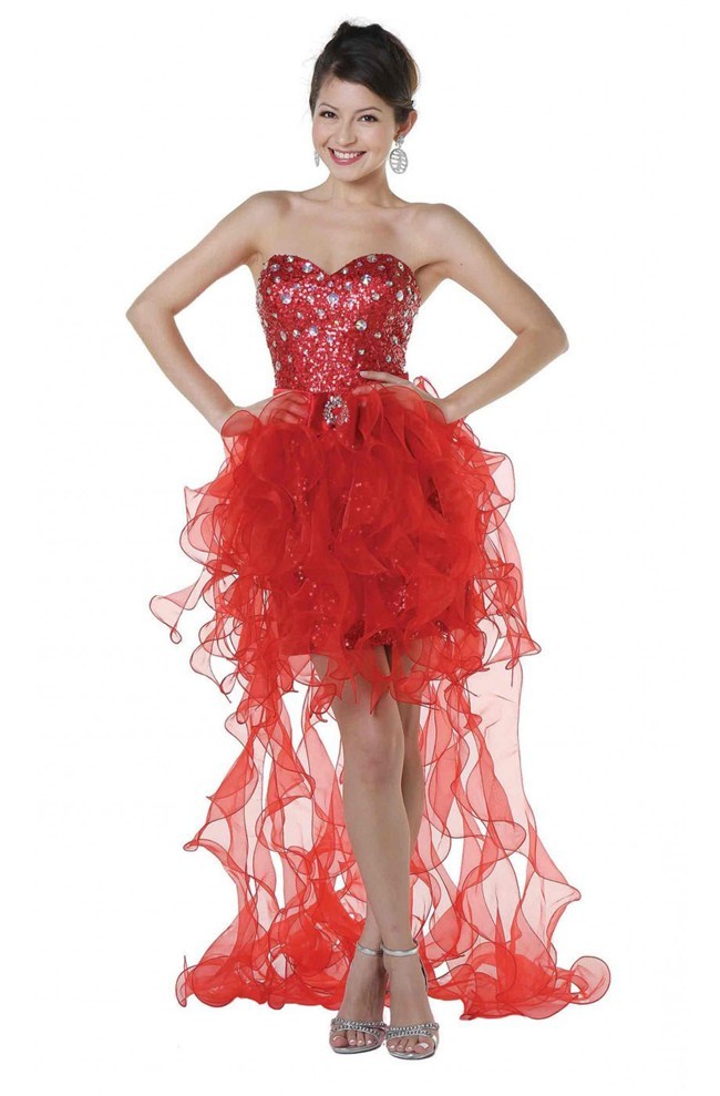 High Low Strapless Red Sequin Organza Ruffle Prom Dress Removable Skirt 4988