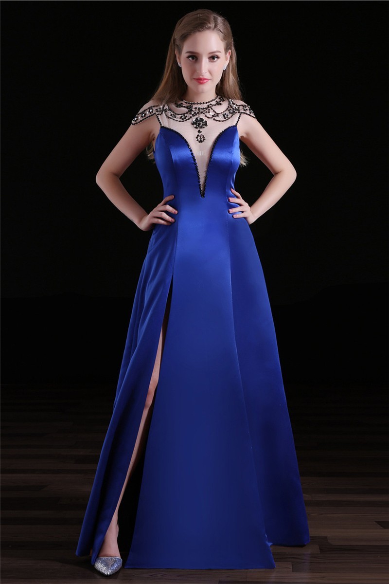 High Neck Cap Sleeve Royal Blue Satin Tulle Beaded Prom Dress With Slit