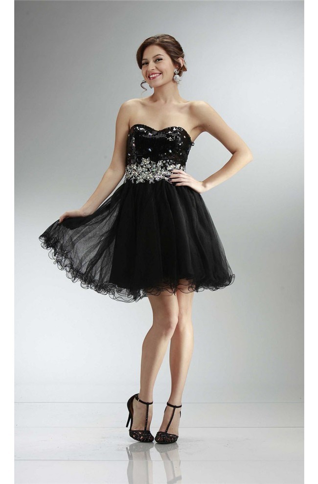 Lovely Ball Strapless Short Black Sequin Tulle Cocktail Prom Dress