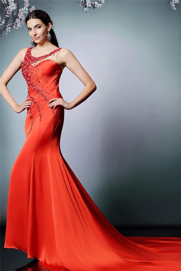 Mermaid Scoop Neck Red Silk Beaded Evening Prom Dress With Train 6581