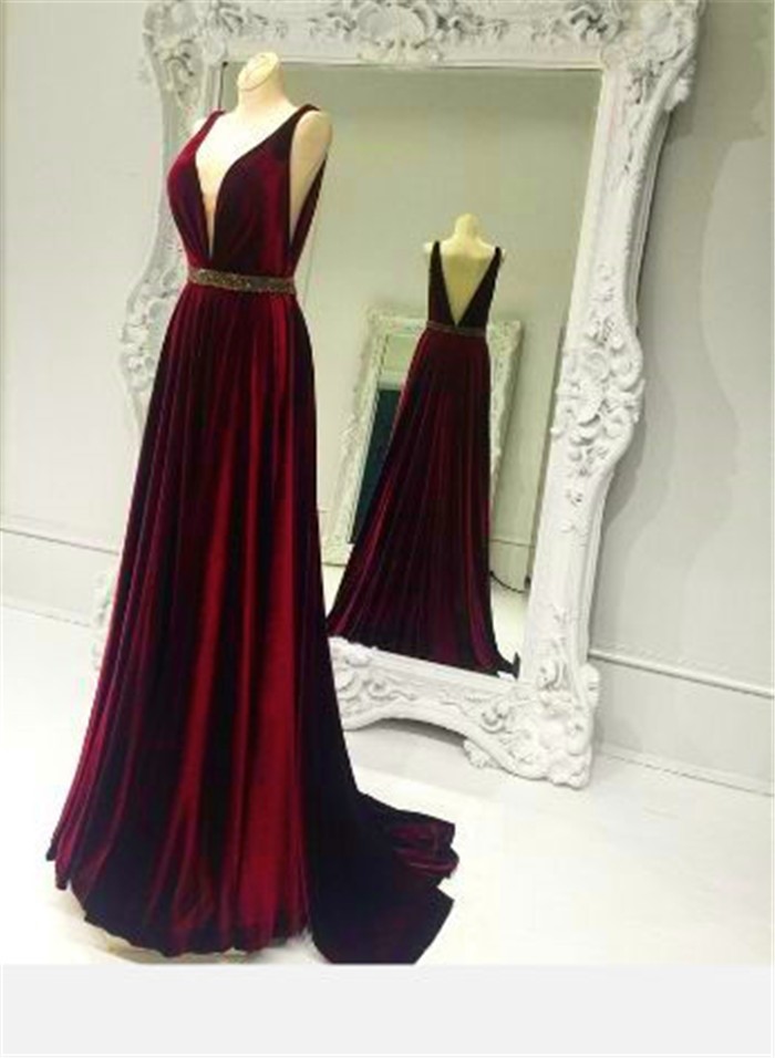 Sexy Plunging Neckline Long Burgundy Silk Satin Prom Dress Beading Sash