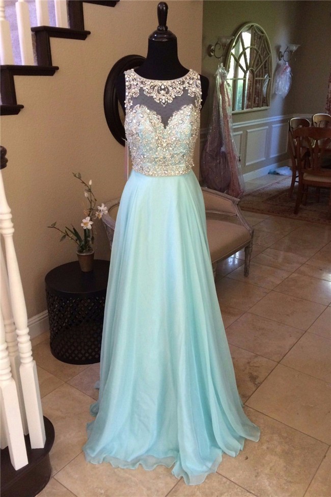 Sheath Bateau Neckline Sheer Back Long Light Blue Chiffon Beaded Prom Dress 