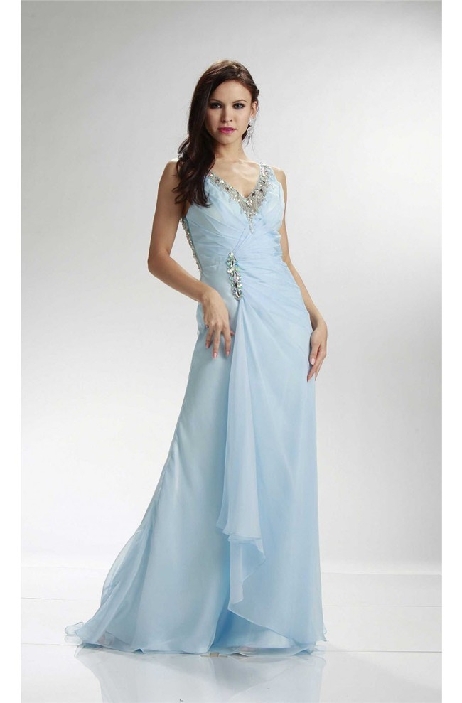 Sheath V Neck Sheer Back Long Light Blue Chiffon Beaded Prom Dress 