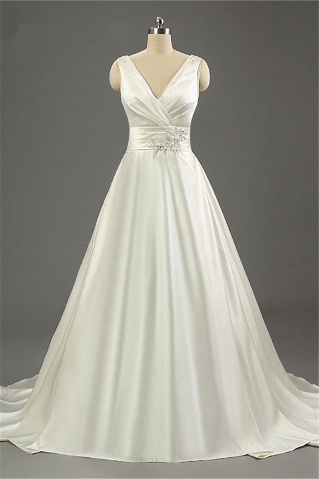 Simple A Line V Neck Open Back Ivory Satin Ruched Wedding Dress