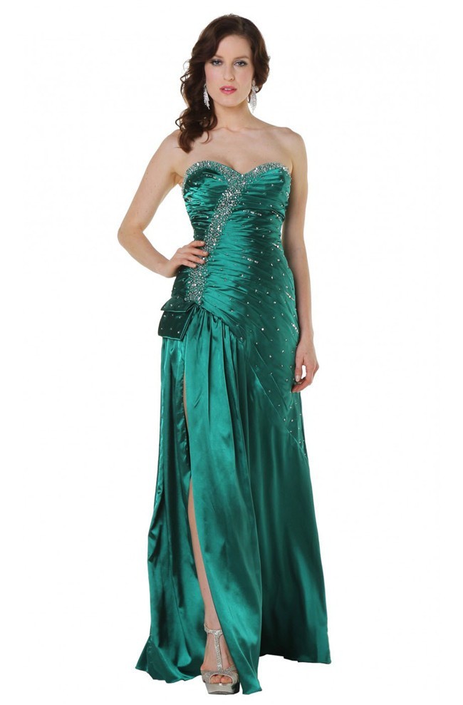 Stunning Sweetheart High Slit Long Emerald Green Silk Ruched Prom Dress 2190