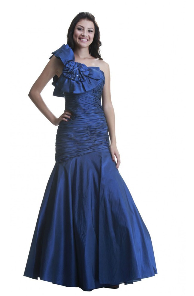 Trumpet Mermaid One Shoulder Royal Blue Taffeta Ruched Prom Dress