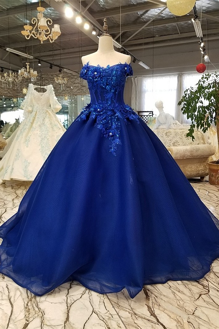 Ball Gown Off The Shoulder Corset Beaded Flowers Lace Royal Blue 