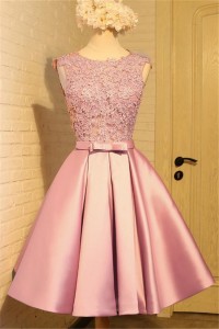 sash dusty prom satin bow lace rose short dress neck round line