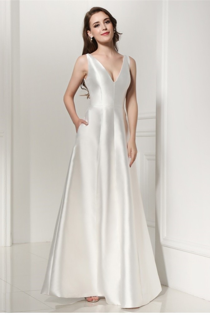 Simple Elegant A Line V Neck Plain White Satin Wedding Dress