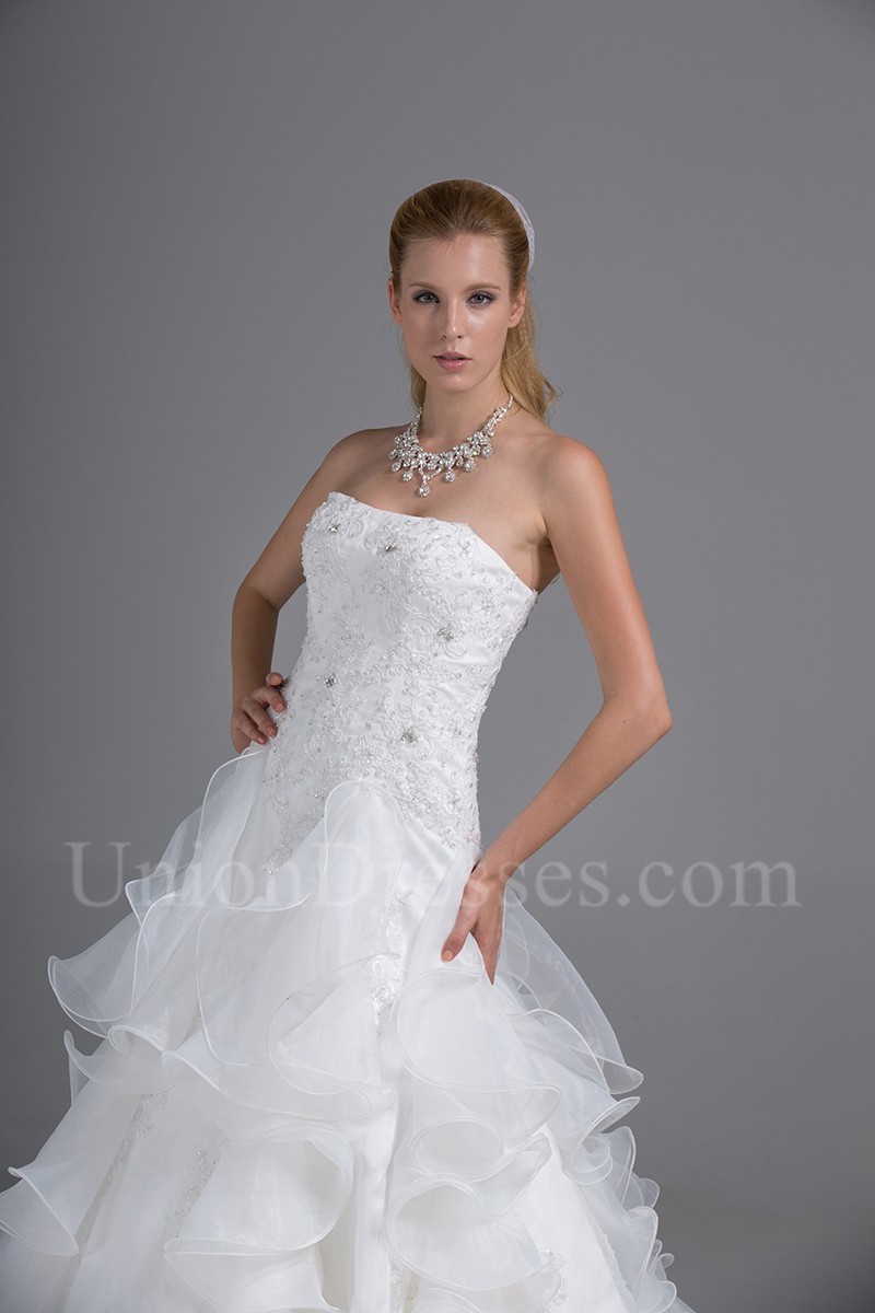 Beautiful A Line Strapless Corset Beaded Lace Ruffled Organza Wedding Dress Bridal Gown 1872