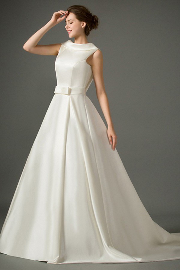 A Line High Neck Collar Low Back Satin Wedding Dress With Bow Sash