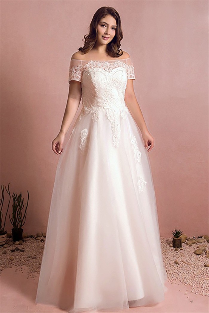 A Line Off The Shoulder Corset Back Tulle Lace Plus Size Wedding Dress Without Train 9063