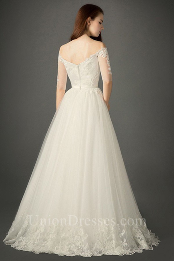 A Line Off The Shoulder Tulle Lace Sleeve Wedding Dress Without Train