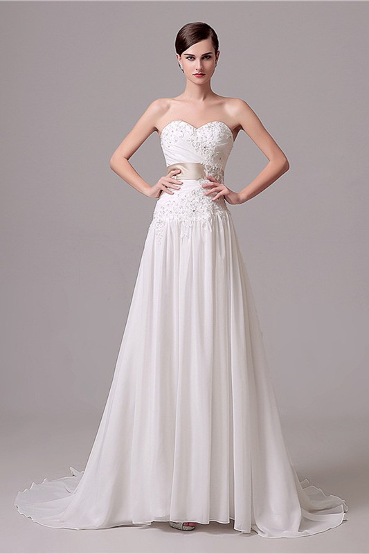 A Line Sweetheart Drop Waist Chiffon Wedding Dress With Sash