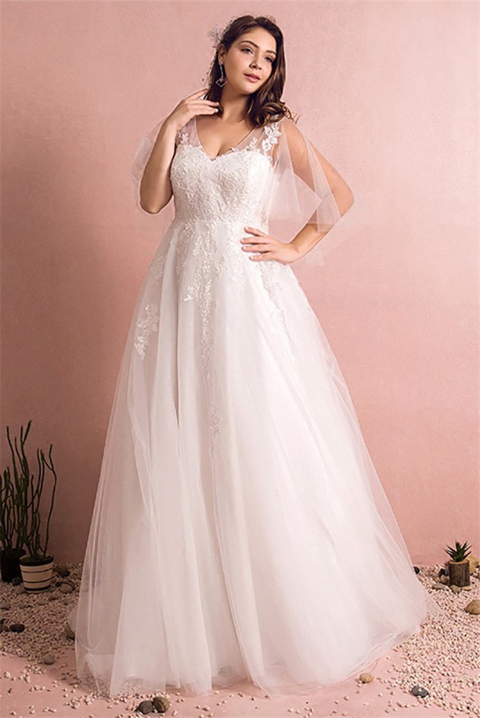 A Line V Neck Cape Sleeve Tulle Lace Plus Size Wedding Dress Corset Back