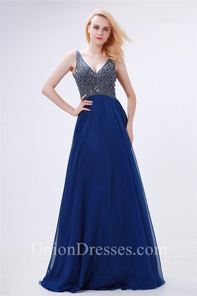 A Line V Neck Open Back Long Royal Blue Chiffon Beaded Prom Dress 6816