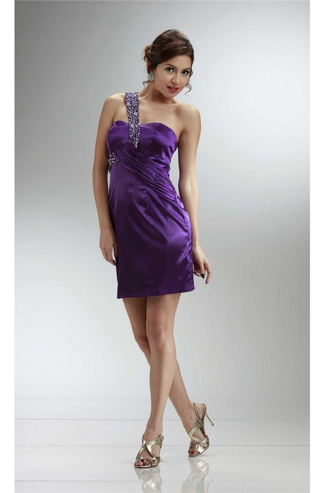 Asymmetrical One Shoulder Short Purple Charmeuse Beaded Cocktail Prom Dress
