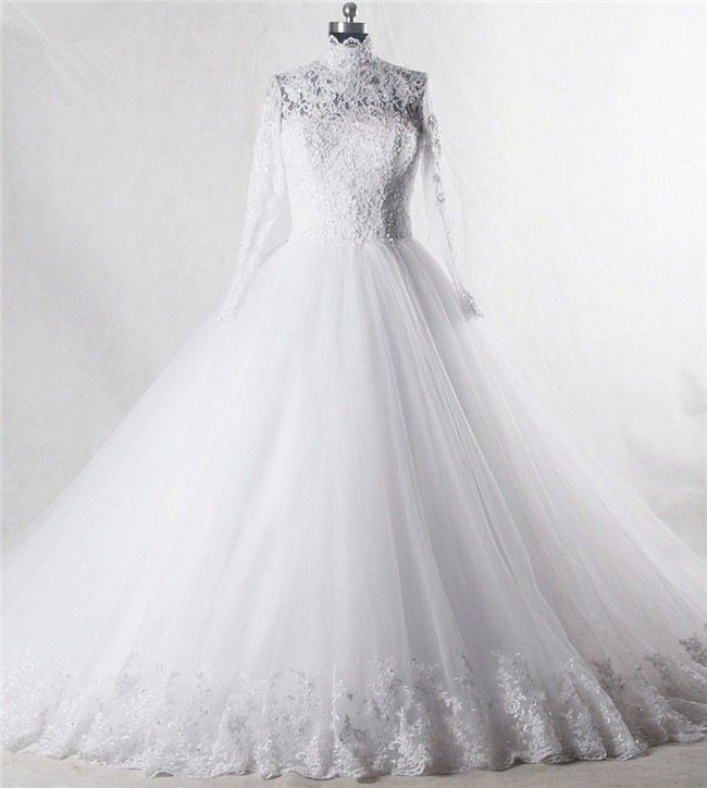 Ball Gown High Neck Long Sleeve Tulle Lace Beaded Wedding Dress 0740