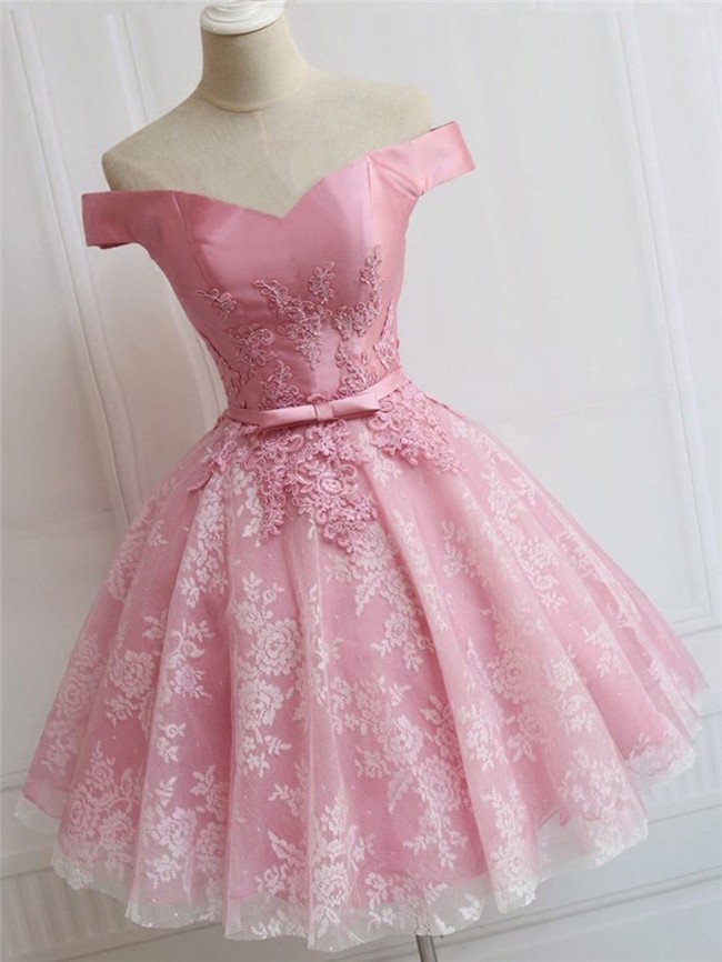 Ball Gown Off The Shoulder Dusty Rose Tulle Lace Short Prom Dress Bow Belt 