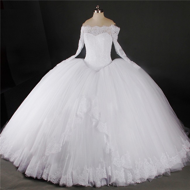 Ball Gown Off The Shoulder Long Sleeve Lace Tulle Puffy Wedding Dress 