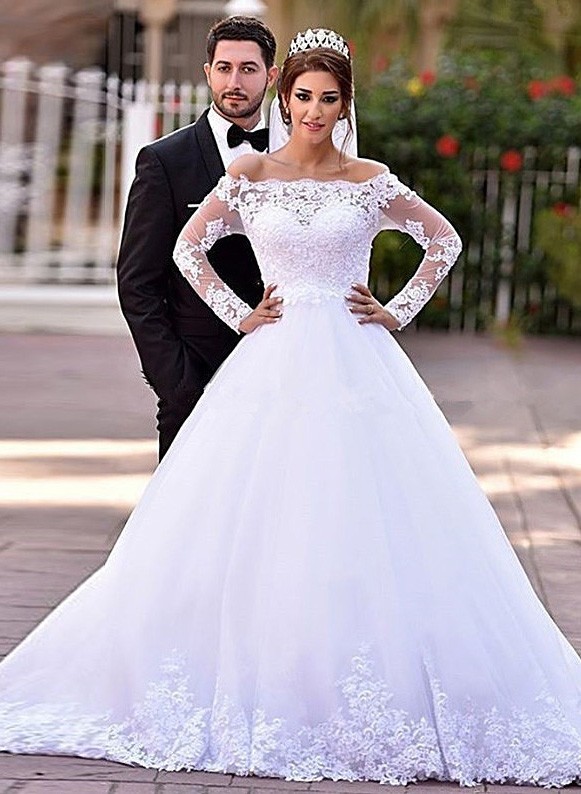 Ball Gown Off The Shoulder Long Sleeve Tulle Lace Wedding Dress