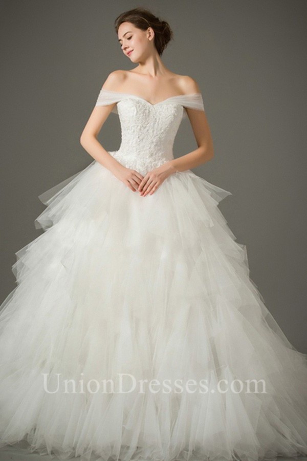 Ball Gown Off The Shoulder Tulle Ruffle Layered Wedding Dress Chapel Train