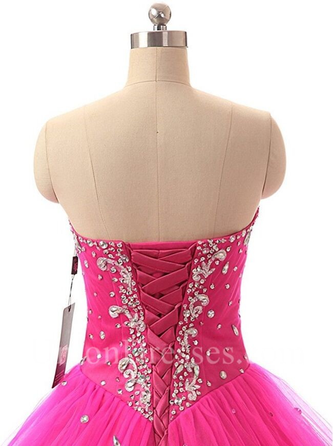 Ball Gown Sweetheart Corset Back Hot Pink Tulle Beaded Puffy Prom Dress