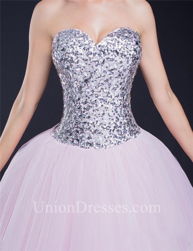 Ball Gown Sweetheart Light Pink Tulle Sequin Beaded Prom Dress Corset Back