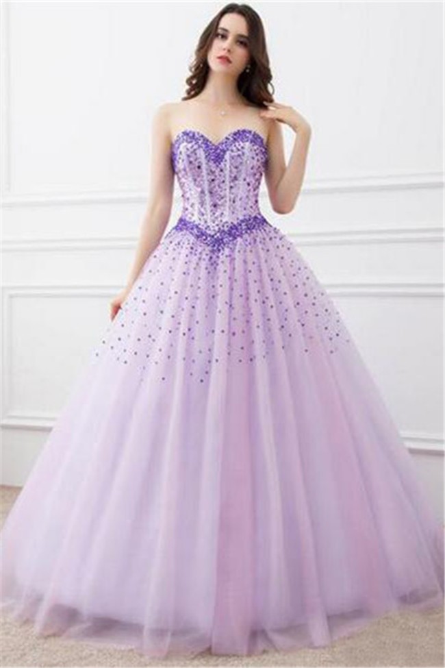 Ball Gown Sweetheart Lilac Tulle Beaded Prom Dress Corset Back 5222