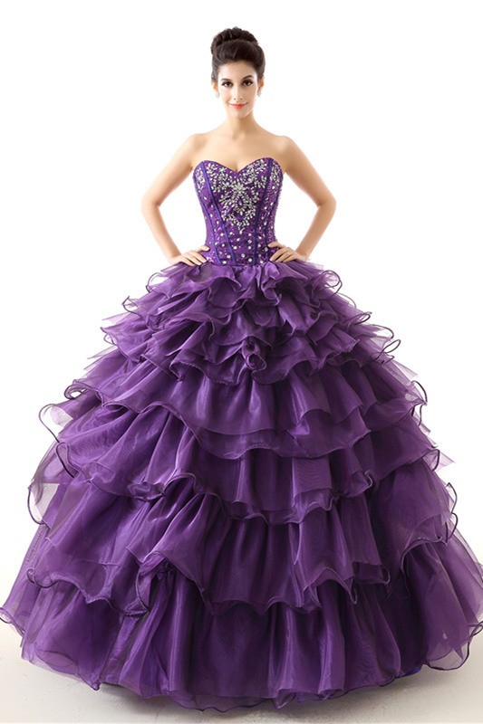 Ball Gown Sweetheart Purple Organza Ruffle Tiered Prom Dress Corset Back