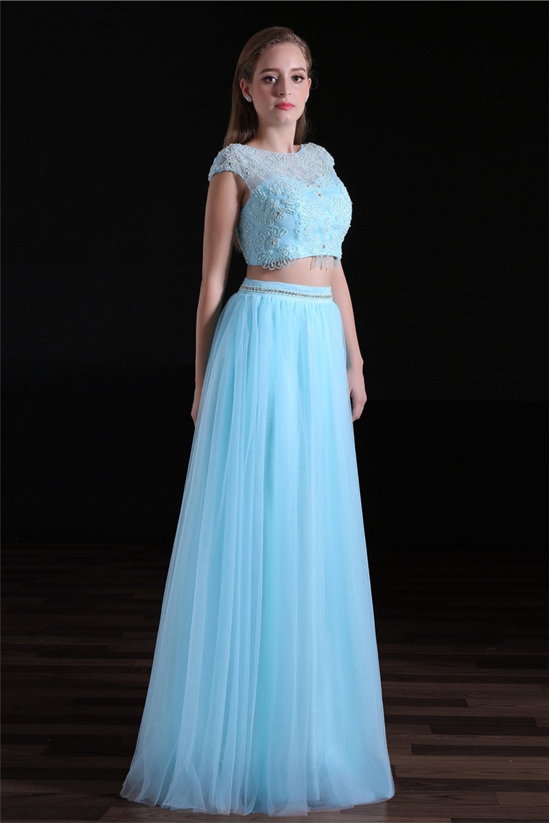 Cap Sleeve V Back Two Piece Light Blue Tulle Beaded Prom Dress