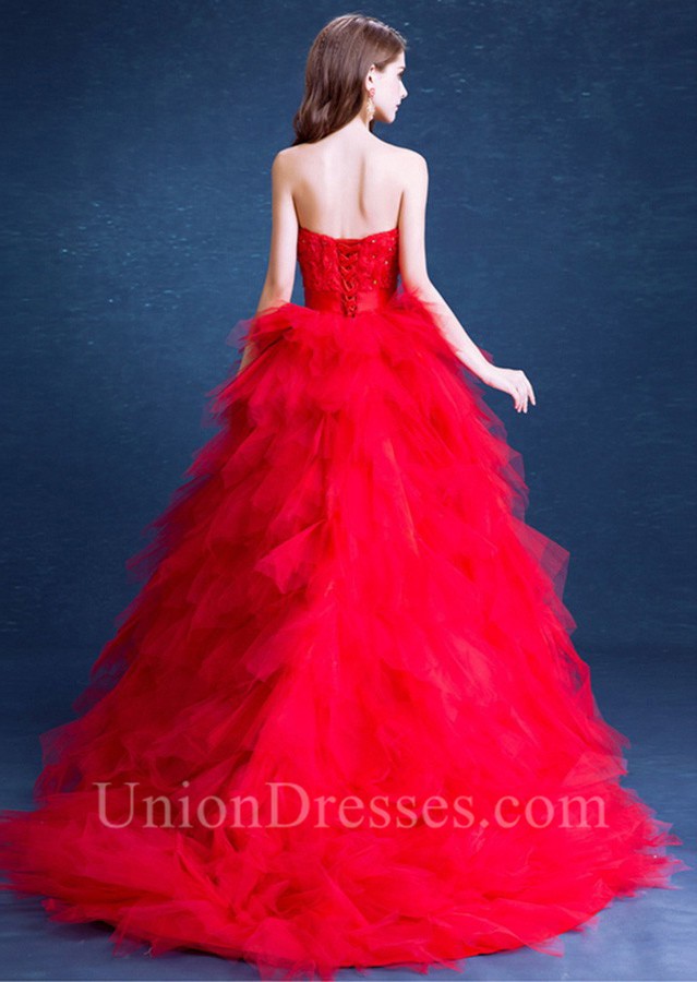 Chic Strapless High Low Red Tulle Ruffle Wedding Dress With Sash