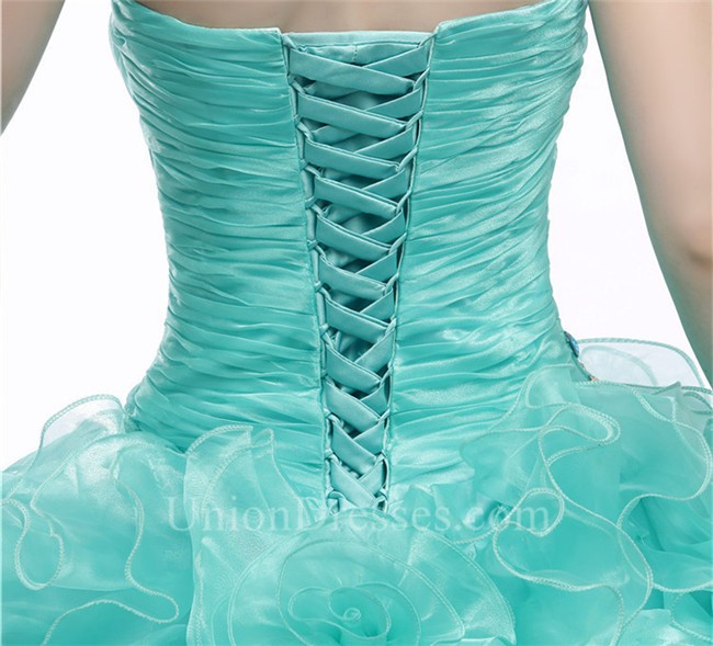 Cute Ball Gown Sweetheart Corset Mint Green Organza Ruffle Beaded Prom Dress