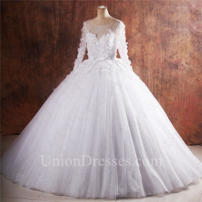 fairy-tale-ball-gown-illusion-neckline-long-sleeve-puffy-tulle-ssparkly-wedding-dress