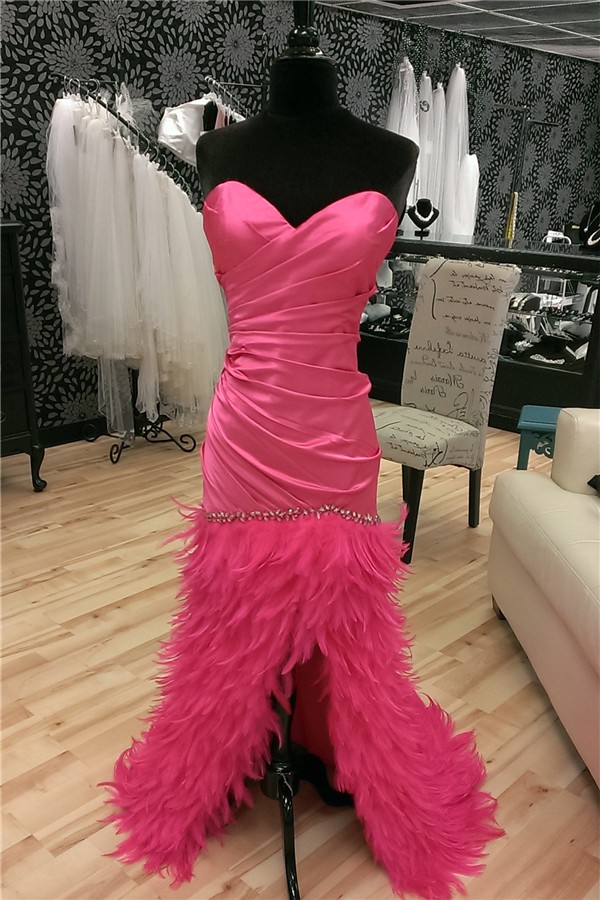 Fantastic Strapless High Low Hot Pink Satin Feather Prom Dress Corset Back