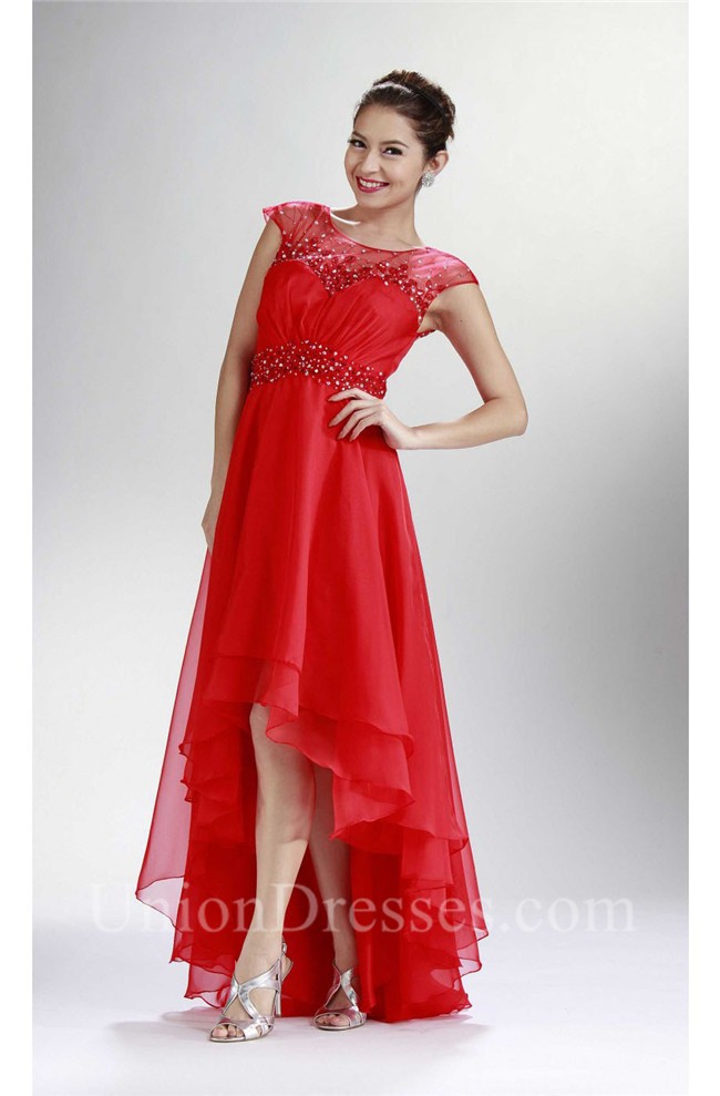 Fashion Cap Sleeve Open Back High Low Red Chiffon Beaded Prom Dress